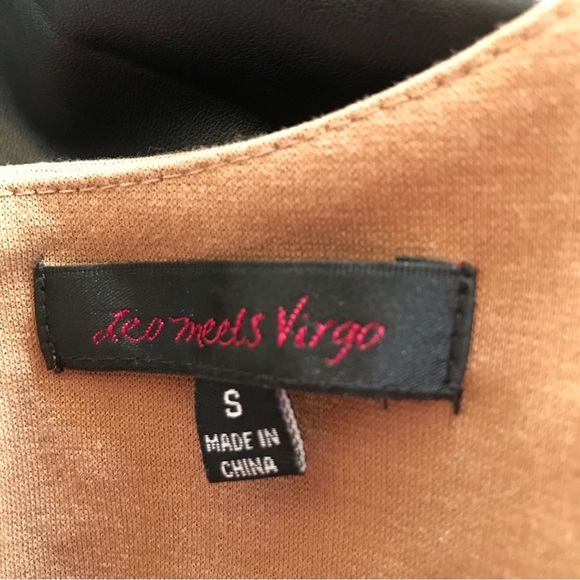 Leo meets Virgo camel/tan sleeveless plated dress with faux leather accents - Picture 8 of 9